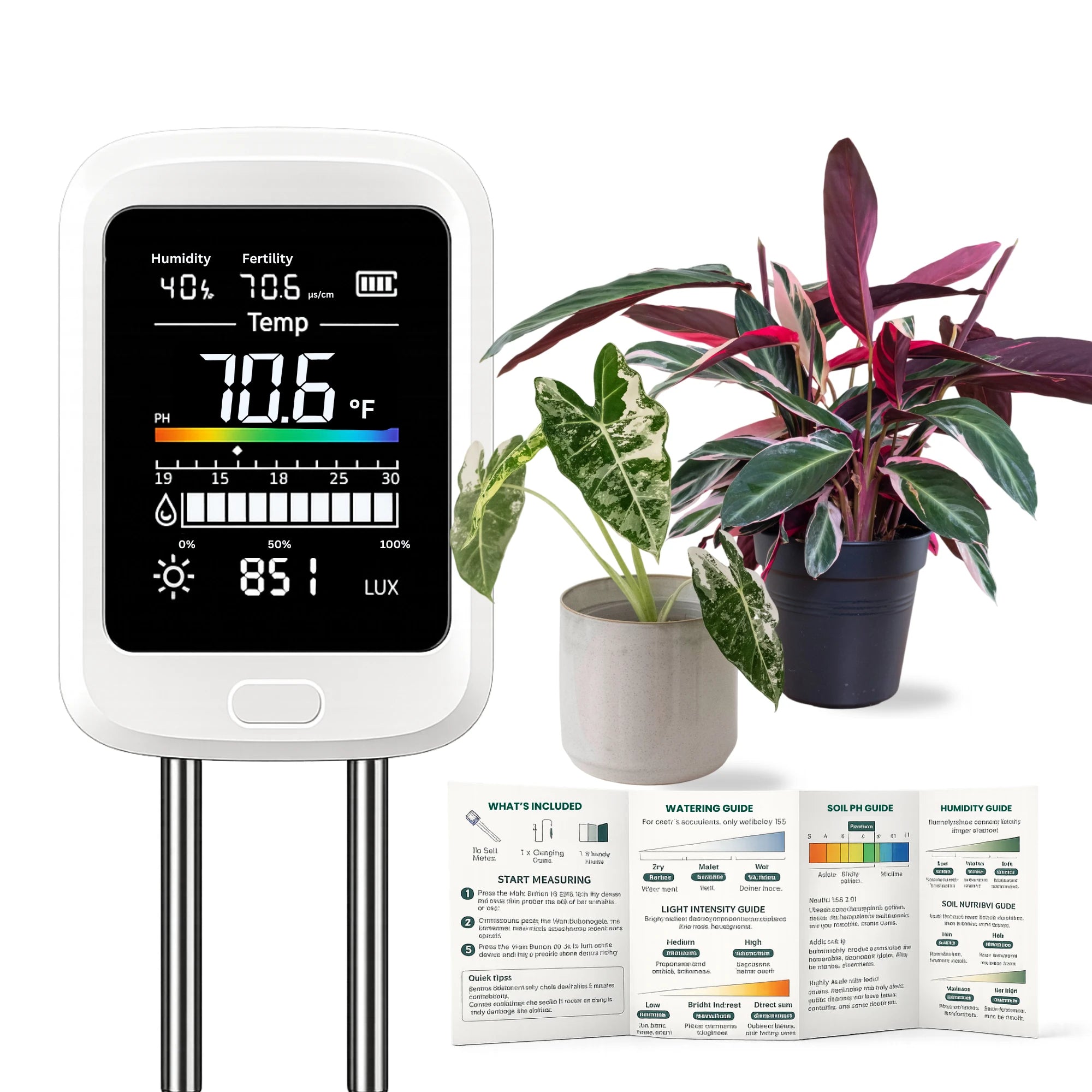 The Green Alcove 6-in-1 soil meter with its color screen lit, standing beside houseplants and the included plant care guide card