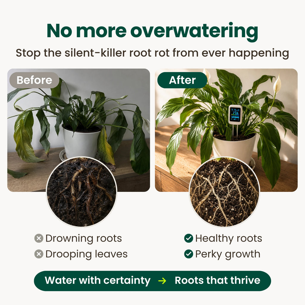 Before and after comparison: a drooping plant with brown rotting roots beside a thriving plant with healthy white roots and the soil meter in the pot